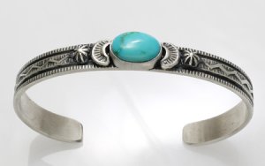 画像2: ナバホ族　Melvin Francis ソノランゴールドターコイズ　スタンプワーク　バングル