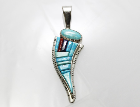 画像2: ナバホ族　David Tune キングマンターコイズ＆コーラル＆ラピスラズリ　スカルプチュアルインレイ　ペンダント 